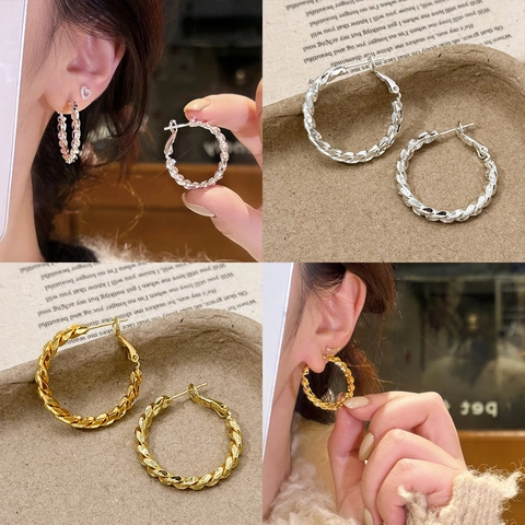 Gedrehte Creolen Mit 925 Sterling Silberohrstecker Kupfer Metall Geometrisch Vintage Stil Frauen Mode Accessoires