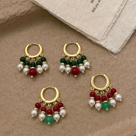 Boucles Oreilles Créoles À Glands Style Chinois Vintage Avec Agate Naturelle Calcédoine Verte Künstliche Perles Plaque Or Femmes