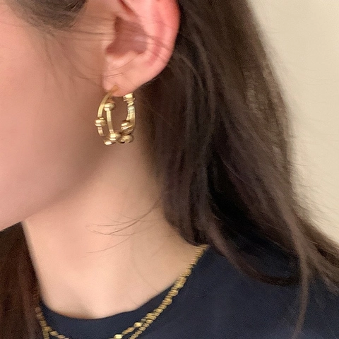 Double Layer Geometric Hoop Earrings With Round Beads Copper 18K Gold Plated 925 Sterling Silver Earring Post For Women