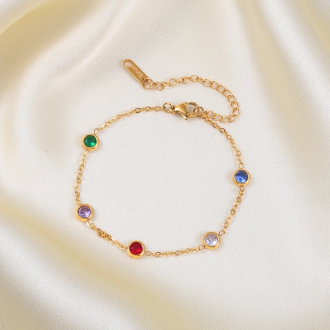 Bracelet En Zircone Cubique Ronde Colorée Pour Femmes Plaqué Or 18K Acier Inoxydable Bijoux De Chaîne Élégants