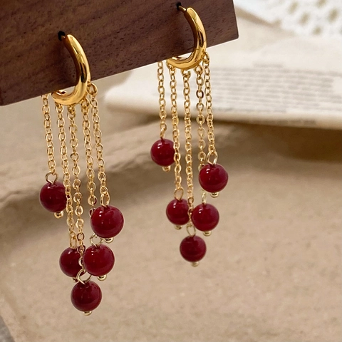 Eleganti Orecchini Con Nappine Rame Placcato Oro Catena Lunga Goccia Perla Artificial Bianca Künstliche Perle Rosse Stile Vintage Per Donne