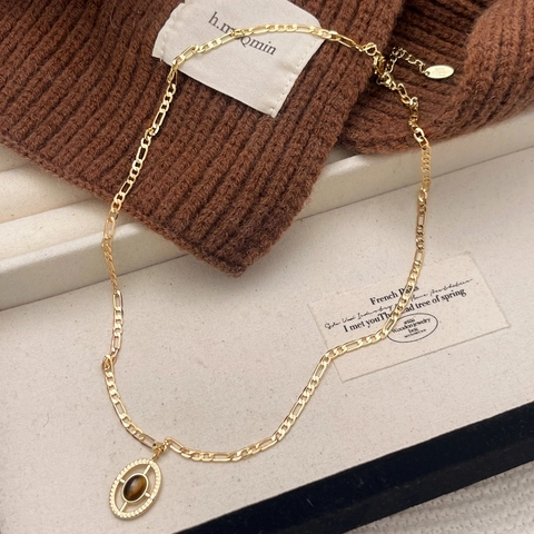 Natural Stone Anhänger Halskette Französisch Retro Vergoldet Figaro Kette Kupfer Schmuck Für Frauen Minimalistisch