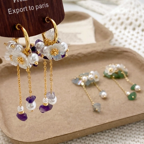 Elegant Flower Tassel Earrings For Women Crystal Pearl Petal Long Drop Earrings With 925 Sterling Silver Earring Post