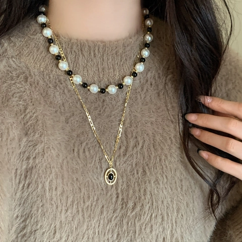Layered Necklace Faux Artificial Pearl Black Gemstone Pendant Gold Plated Figaro Chain Beaded Retro Elegant Women