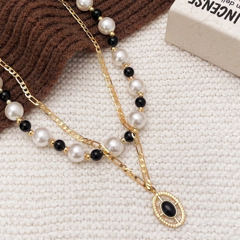 Layered Necklace Faux Artificial Pearl Black Gemstone Pendant Gold Plated Figaro Chain Beaded Retro Elegant Women