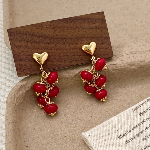Heart Stud Earrings With Red Glass Beads Cluster Grape Design Retro Style Women Copper With 925 Sterling Silver Earring Post