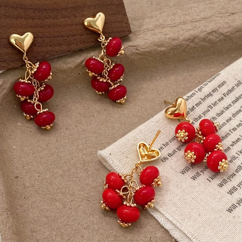 Heart Stud Earrings With Red Glass Beads Cluster Grape Design Retro Style Women Copper With 925 Sterling Silver Earring Post