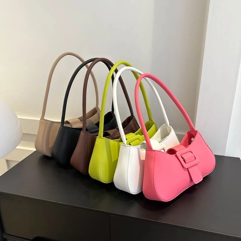 Women Baguette Bag PU Leather Underarm Shoulder Purse Solid Color Square Buckle Korean Minimalist Elegant Small Handbag
