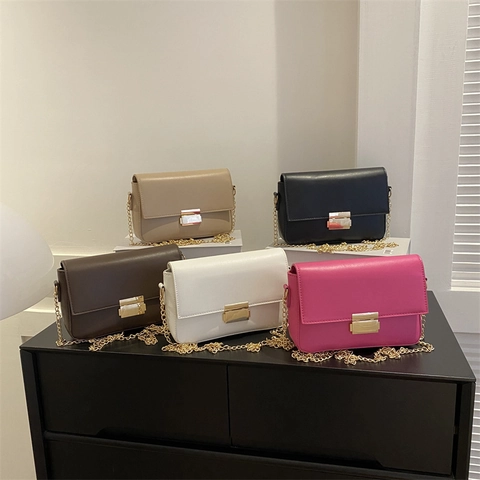 Women Shoulder Bag PU Leather Gold Chain Strap Small Square Crossbody Purse Solid Color Retro Flap Push Lock Elegant