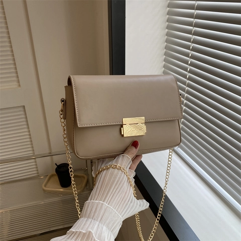 Women Shoulder Bag PU Leather Gold Chain Strap Small Square Crossbody Purse Solid Color Retro Flap Push Lock Elegant