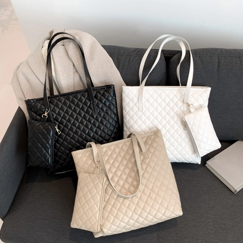 Women Quilted Tote Bag PU Leather Large Capacity Rhombic Pattern Handbag And Small Pouch Casual Commuter