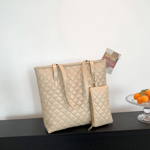 Women Quilted Tote Bag PU Leather Large Capacity Rhombic Pattern Handbag And Small Pouch Casual Commuter