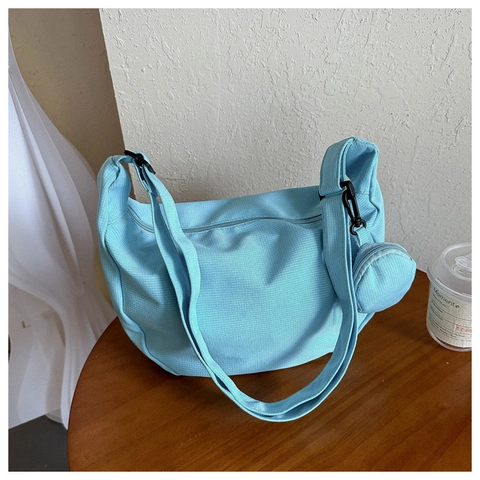 Women Simple Nylon Hobo Bag With Small Round Coin Purse Adjustable Wide Shoulder Strap Casual Dumpling Crossbody Bag Minimalist Half Moon Bag
