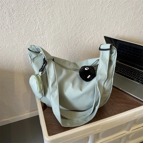 Nylon Crescent Crossbody Bag Large Capacity Half Moon Shoulder Bag With Round Coin Purse Adjustable Wide Strap For Women