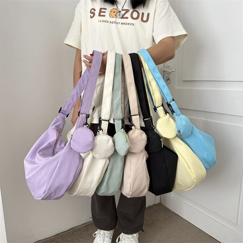 Nylon Crescent Crossbody Bag Large Capacity Half Moon Shoulder Bag With Round Coin Purse Adjustable Wide Strap For Women