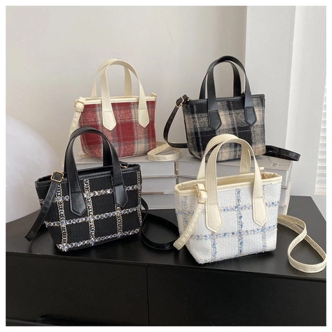 Vintage Plaid Wollhandtasche Für Damen Elegante Tweed Schulter Umhängetasche Mit Verstellbarem Riemen Herbst Winter Mode Tote