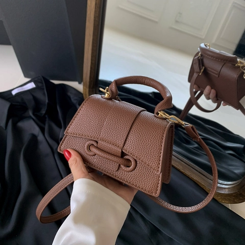 Women Fashion Lychee Pattern PU Leather Mini Square Bag Crossbody Shoulder Bag With Top Handle Gold Hardware Handbag