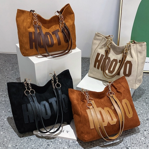 Women Large Capacity Tote Bag Suede Texture PU Leather Letter Shoulder Bag With Chain Strap Casual Commuter Handbag