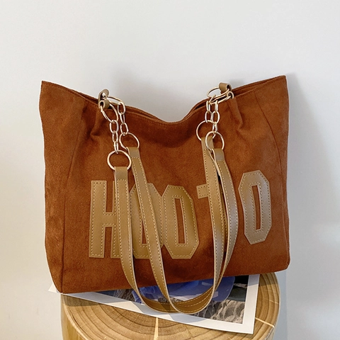 Women Large Capacity Tote Bag Suede Texture PU Leather Letter Shoulder Bag With Chain Strap Casual Commuter Handbag