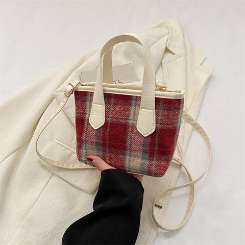 Bolso Tote de Tweed a Cuadros para Mujer Bolso de Hombro de Lana Vintage Bolso de Mano Pequeño Con Asa de Cuero PU Invierno