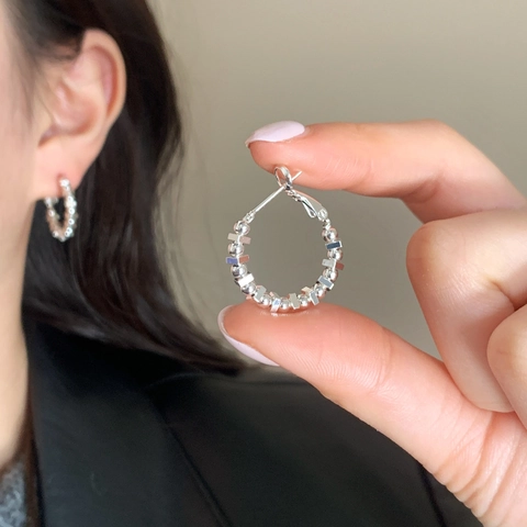 Geometric Beaded Hoop Earrings Copper Gold Plated Cube Round Beads Minimalist Korean Style Jewelry For Women Elegant