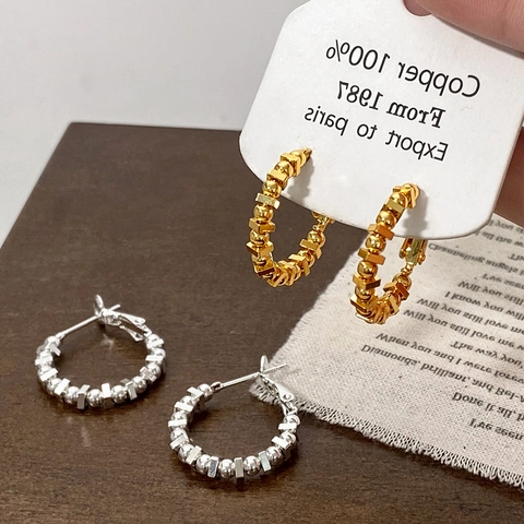 Geometric Beaded Hoop Earrings Copper Gold Plated Cube Round Beads Minimalist Korean Style Jewelry For Women Elegant