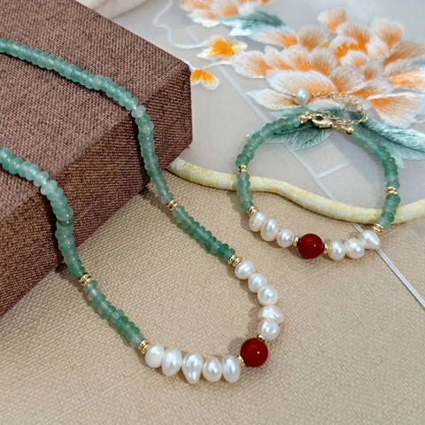 New Chinese Vintage Style Necklace Bracelet Set With Aventurine Beads Freshwater Pearl And Red Agate Copper Jewelry For Women