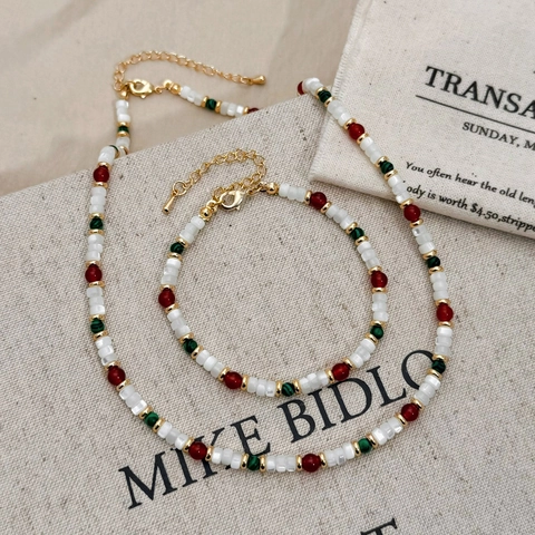 Perlenkette Und Armband Roter Achat Muschel Retro Ethno Stil Verstellbare Vergoldete Schlüsselbeinkette Schmuck Für Damen