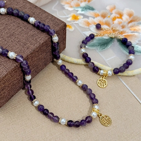 Collana Perline Ametista Pietra Naturale Perla Artificial Placcata Oro Ciondolo Fu Cavo Stile Cinese Retrò Elegante Gioielli Donna