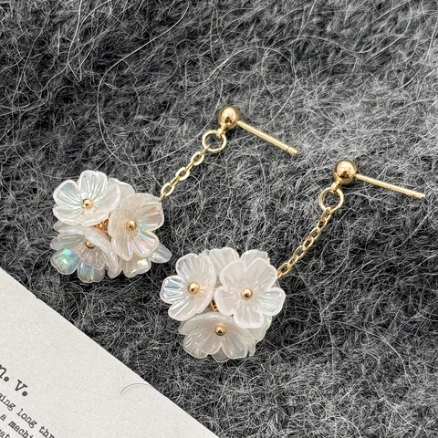 Camellia Flower Dangle Earrings Copper 14K Gold Plated With 925 Sterling Silver Earring Post White Pearlescent Vintage