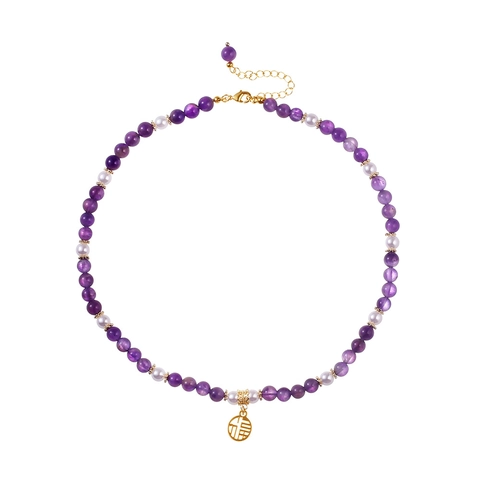 Collana Perline Ametista Pietra Naturale Perla Artificial Placcata Oro Ciondolo Fu Cavo Stile Cinese Retrò Elegante Gioielli Donna