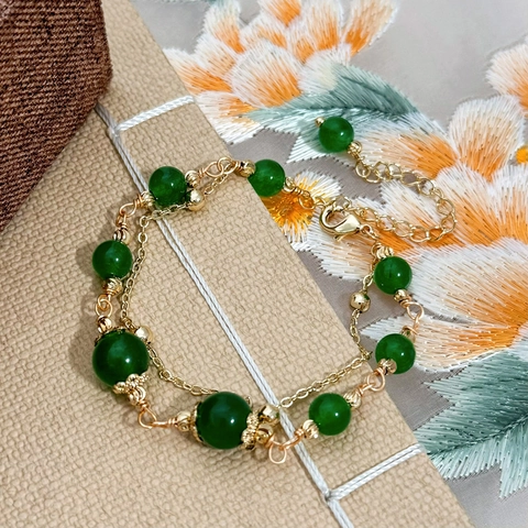 Natural Green Chalcedony Doppellagiges Armband Vergoldetes Kupfer Perlen Handschmuck Für Frauen Vintage Eleganter Stil Verstellbar