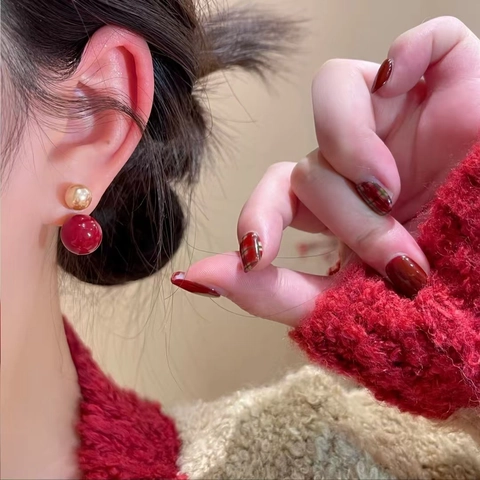 Orecchini Vintage Con Doppia Perla Artificial Da Donna Con Künstliche Perle Imitazione Rosso Champagne E Perno In Argento Sterling 925