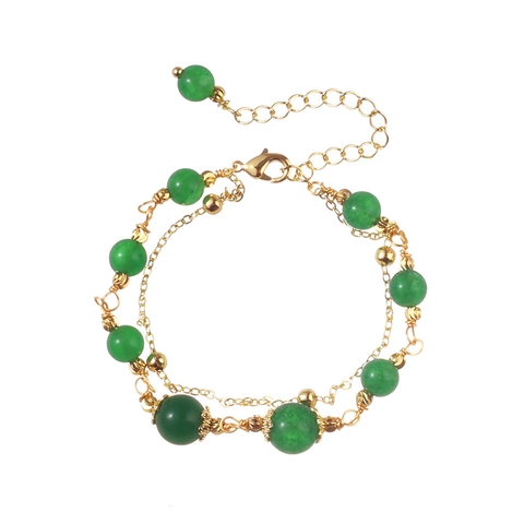 Natural Green Chalcedony Doppellagiges Armband Vergoldetes Kupfer Perlen Handschmuck Für Frauen Vintage Eleganter Stil Verstellbar
