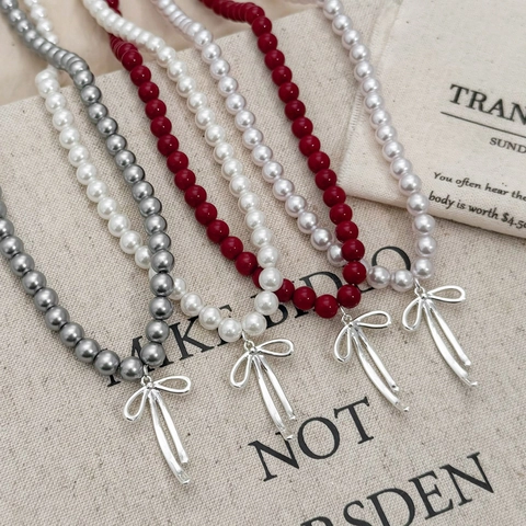 Artificial Pearl Beaded Necklace With Bow Pendant Retro Sweet Style Fashion Jewelry For Women Versatile Choker