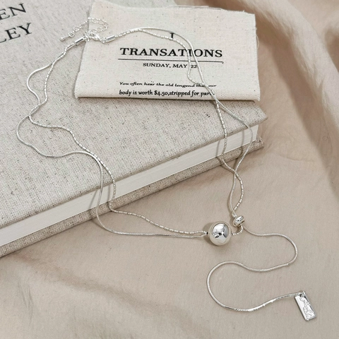 Silver Color Double Layer Y-Shaped Necklace With Sliding Ball Adjustable Metal Chain Geometric Pendant For Women