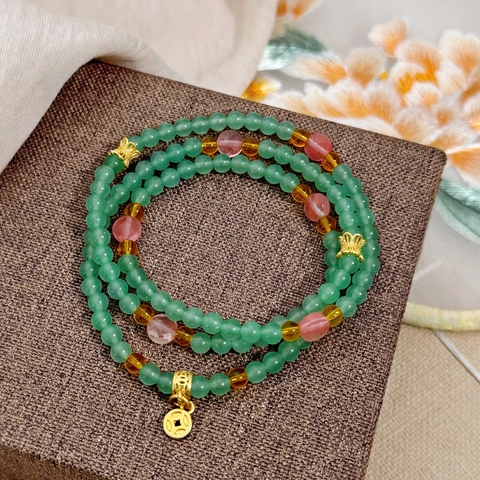 Pulsera Envolvente De Cuentas De Piedra Natural Y Cristal Estilo Chino Elegante Con Colgante De Moneda Dorada Para Mujer