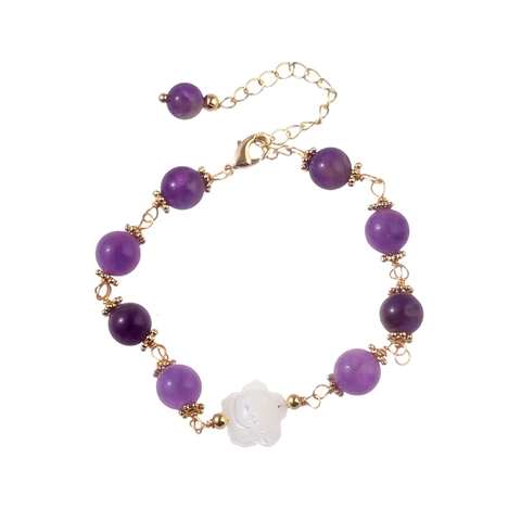 Purple Natural Stone Beaded Bracelet With White Rose Shell Decoration Gold Plated Adjustable Chain For Women Elegant