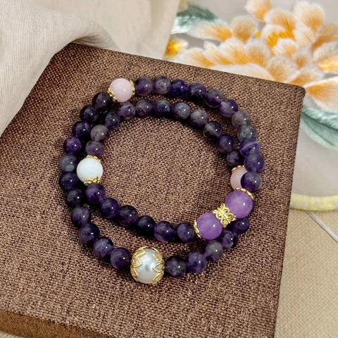Natural Amethyst Beaded Bracelet For Women Handmade Double Strand Wrap Elegant Sea Shell Artificial Pearl Luxury Retro Ethnic Style