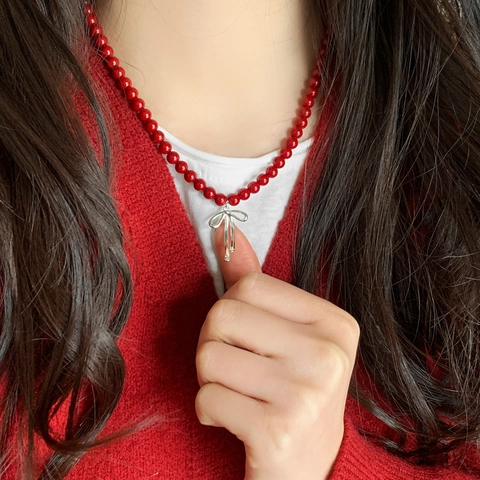 Artificial Pearl Beaded Necklace With Bow Pendant Retro Sweet Style Fashion Jewelry For Women Versatile Choker