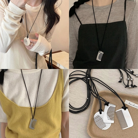 Collana Con Pendente Pettine Cordino Cerato Nero Regolabile Perline Rame Ciondolo Acciaio Inossidabile Gioielli Donna