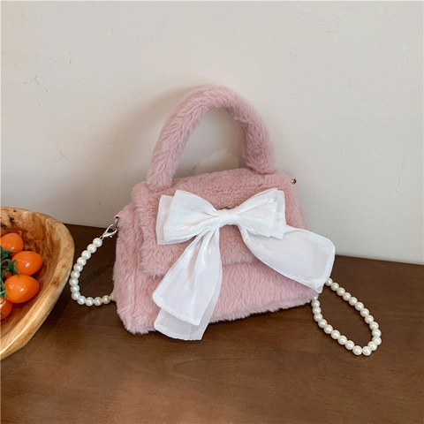 Plush Handbag With Faux Artificial Pearl Chain Large Bow Decoration Shoulder Crossbody Bag Soft Faux Fur Sweet Elegant For Women