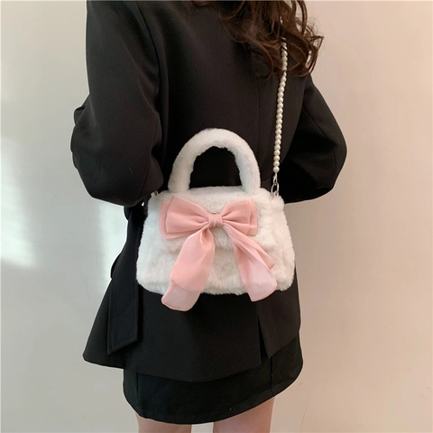 Lindo Bolso de Mano de Peluche para Mujer con Decoración de Lazo Grande Estilo Dulce Bolso de Hombro de Piel Sintética con Cadena de Perlas Artificiales
