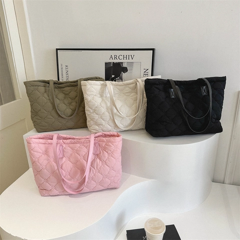 Women Large Capacity Quilted Tote Bag Rhombic Pattern Shoulder Bag Lightweight Casual Travel Commute Handbag