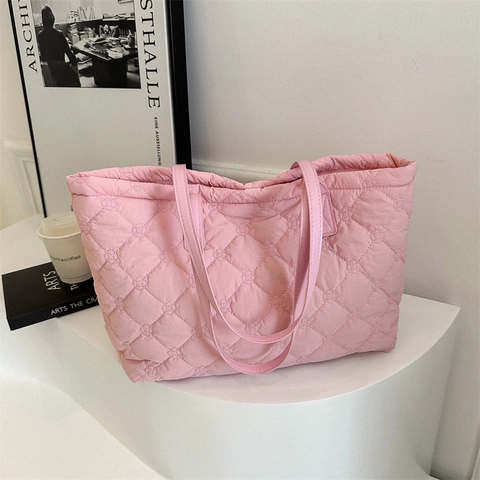 Women Large Capacity Quilted Tote Bag Rhombic Pattern Shoulder Bag Lightweight Casual Travel Commute Handbag