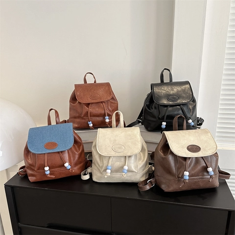 Mini Zaino Donna Pelle PU Retro Stile Coreano Coulisse Patta Casual Piccolo Zainetto Da Giorno
