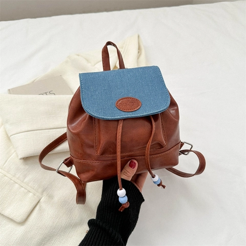 Mini Zaino Donna Pelle PU Retro Stile Coreano Coulisse Patta Casual Piccolo Zainetto Da Giorno