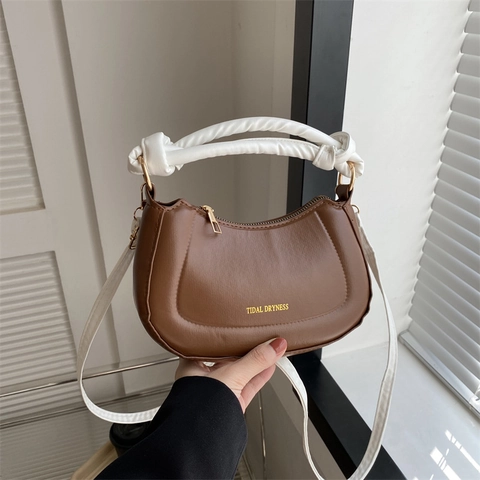 Bolso De Hombro Media Luna Vintage Mujeres Color Sólido Cuero PU Mango De Nudo Bolso Bandolera Mano