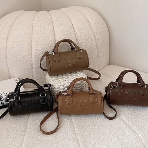 Frauen Vintage PU Leder Boston Barrel Tasche Minimalistische Zylinder Schulter Handtasche Mit Verstellbarem Riemen