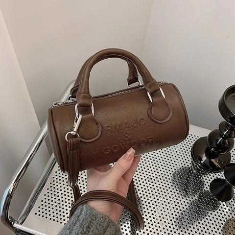 Frauen Vintage PU Leder Boston Barrel Tasche Minimalistische Zylinder Schulter Handtasche Mit Verstellbarem Riemen